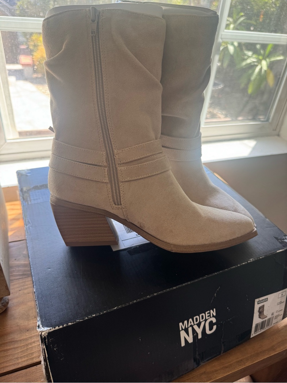 Madden NYC Cream Suede Mid-Calf Block Heel Boots
